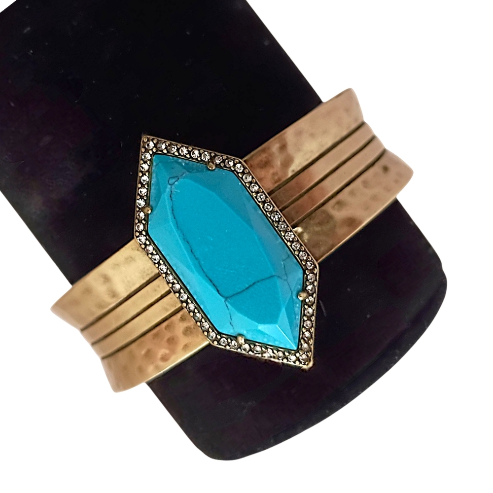 Hammered Cuff Bracelet Turquoise Howlite Crystals Marked C Native American Style